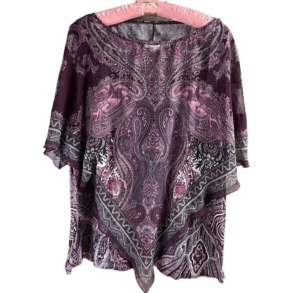 AVENUE Size 18/20 Blouse Burgundy Overlay Embellished Asymmetrical Hemline Plum